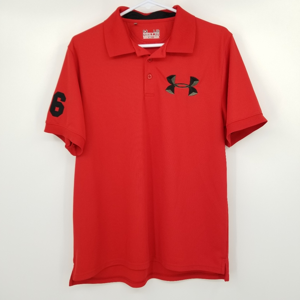 Under Armour Red and Black Short Sleeved Logo Polo Shirt Size Large